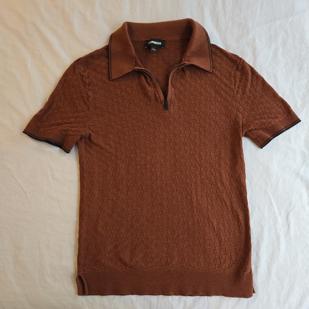 Express Copper Brown Textured Knit Polo Shirt Retro Style